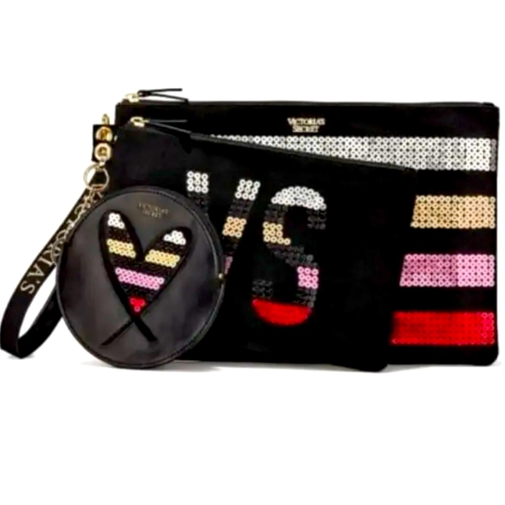 Victoria's Secret Bling Sequin Cosmetic Bag Trio Wristlet, Clutch & Keychain